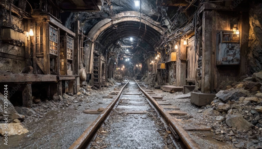 Naklejka premium Dark, dusty mine tunnel with tracks