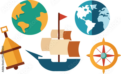 Columbus day elements bundle ships compass map globes vector illustration vector
