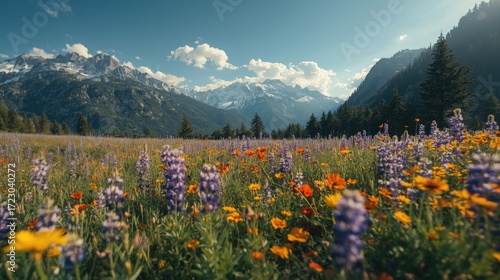 Fototapeta Naklejka Na Ścianę i Meble -  A vibrant meadow of wildflowers bursts with color against a backdrop of majestic mountains under a bright blue sky.