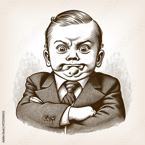 young boy in a formal suit and tie, arms crossed, making an exaggerated pout with a frustrated expression sketch engraving generative ai vector illustration. Scratch board. Black and white.