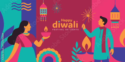 Happy Diwali festival of lights colorful minimal poster template design with decorative diya lamp. vector illustration. Indian festival of lights Happy Diwali, holiday Background in flat style.