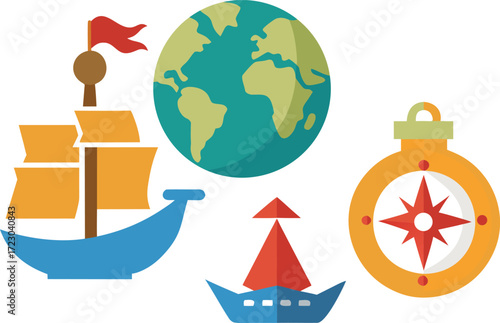 Columbus day vector bundle illustration featuring ships compass and map elements vector