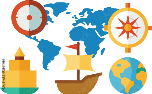 Columbus day vector elements bundle ships compass map globe illustration eps vector