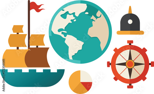 Columbus day elements bundle vector illustration ships compass map globe nautical icons vector