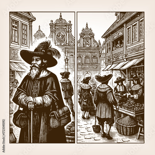 man in wide-brim hat and cape, alongside a busy town square marketplace with merchants and stalls sketch engraving generative ai fictional character vector illustration. Scratch board. Black and white