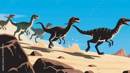 Illustration A Group Of Velociraptors Running Fast Among Rocks And Sand Vector Design Template