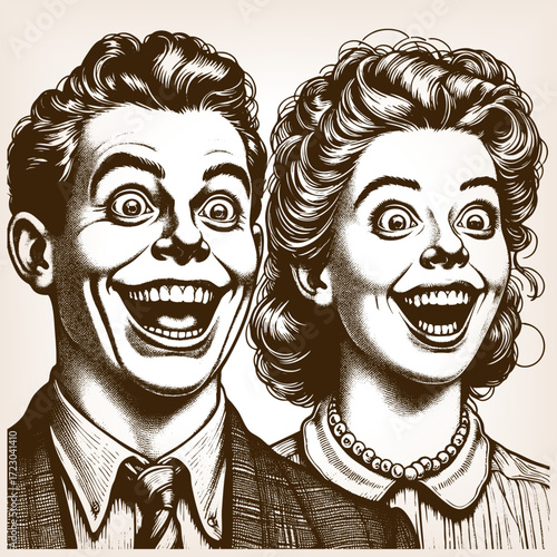 cheerful man and woman, showing exaggerated wide grins with energetic comic expressions sketch engraving generative ai fictional character vector illustration. Scratch board. Black and white image.