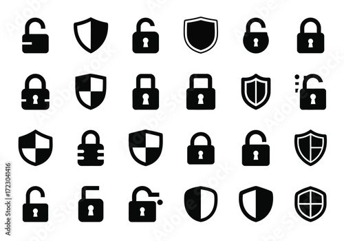 Collection of black security icons including shields and padlocks