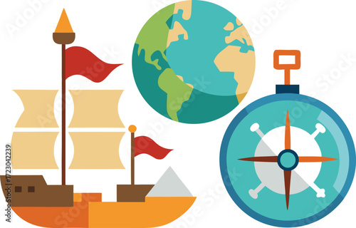 Columbus day vector bundle ships compass map illustration for eps download vector