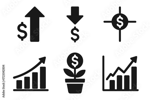 Financial icons set: growth, decline, investment, dollar signs, graphs