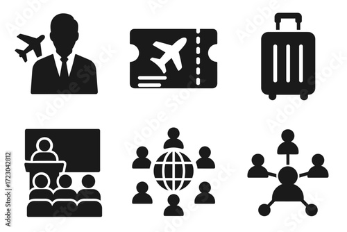Travel and networking icons: businessman, ticket, luggage, conference, global connection