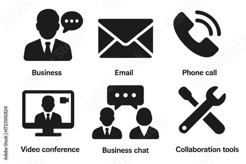 Business communication icons: email, phone call, video conference, chat, collaboration tools