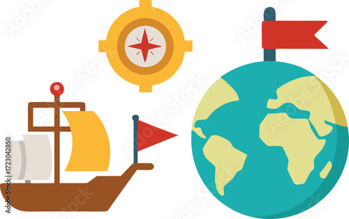 Columbus day vector elements bundle ships compass map illustration scalable eps vector