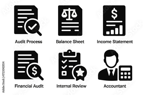 Financial audit and accounting icons: audit, balance, income, financial, review