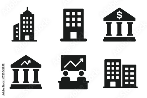 Business and finance icons set featuring buildings and charts