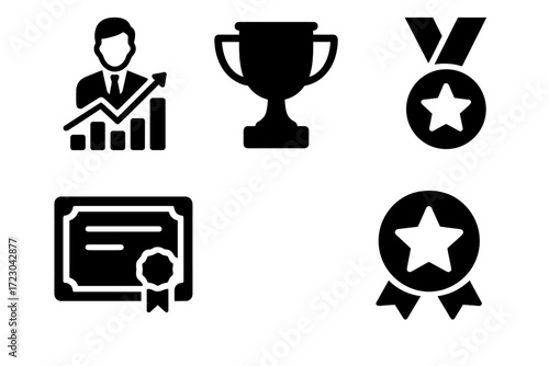 Business success icons: chart, trophy, medal, certificate