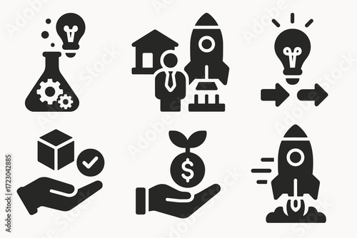 Innovation and business development icons featuring rocket, bulb, and dollar sign