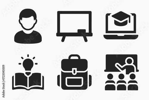 Education icons set: student, blackboard, laptop, book, backpack, classroom