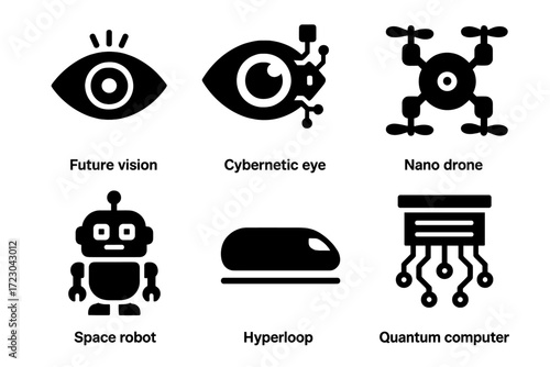 Innovative icons: future vision, cybernetic eye, nano drone, space robot, hyperloop, quantum computer