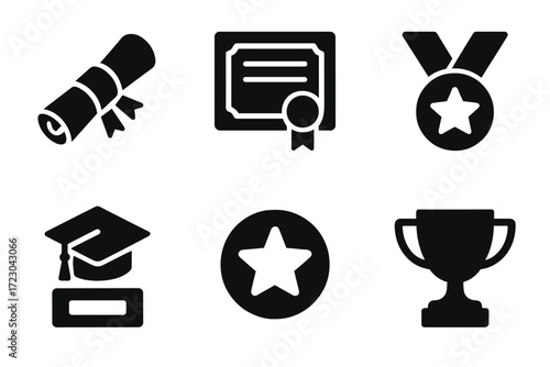 Achievement icons: diploma, certificate, medal, graduation cap, star, trophy