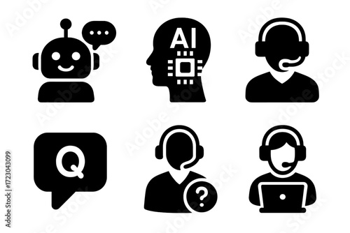 Ai communication and customer support icons - chatbots and headset illustrations