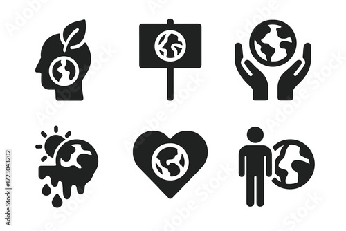 Eco conscious symbol set: earth, mind, heart, hands, sun, person