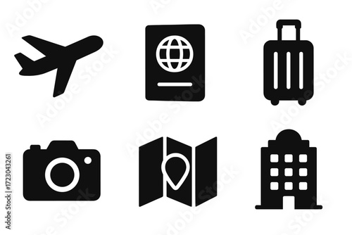 Travel icons set with airplane, passport, luggage, camera, map, and hotel symbols