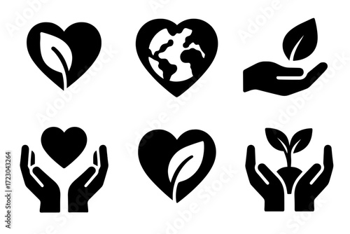 Eco-friendly symbols: heart, leaf, earth, hands, and plant icons