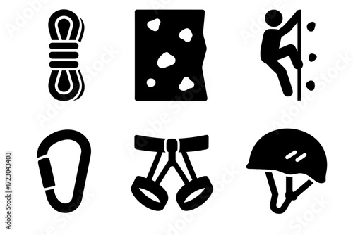 Set of climbing gear icons: rope, harness, helmet, carabiner, wall, climber silhouette