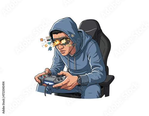 Vector illustration of a young man gamer with glasses and controller, playing a video game in a gaming chair, isolated
