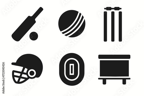 Cricket icons set: bat, ball, wickets, helmet, field, scoreboard symbols