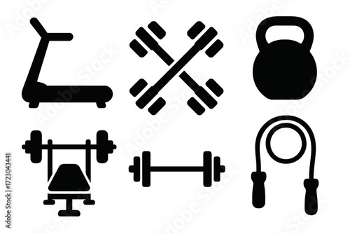 Set of fitness equipment icons: treadmill, dumbbells, kettlebell, bench, barbell, jump rope