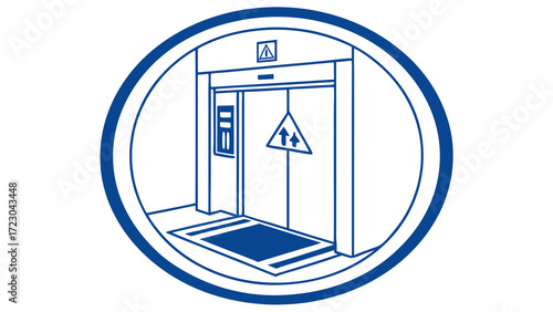 Blue and White Elevator Symbol with Arrows and Circular Border Design