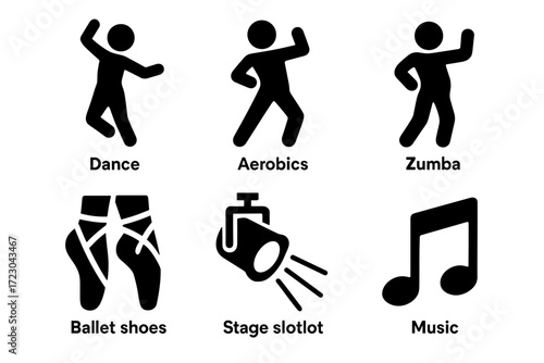 Dance icon set: ballet shoes, aerobics, zumba, stage spotlight, music note