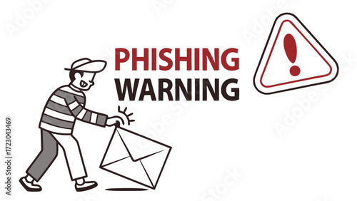 Cartoon Burglar Reaching for Email with Phishing Warning and Exclamation Point
