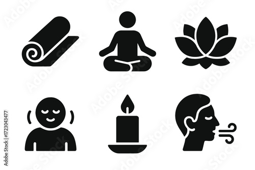 Yoga icons: mat, meditation, lotus, relaxed person, candle, breathing exercise