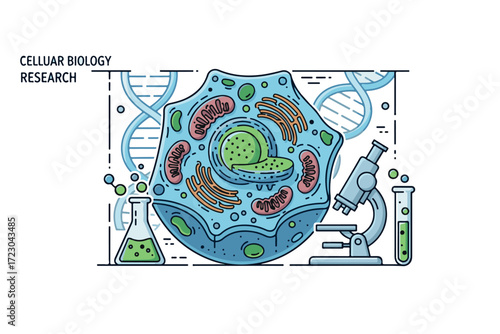 Cellular biology research illustration with cell, microscope, and dna