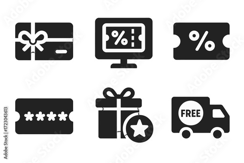 Icons of gift card, online promotion, and free delivery services