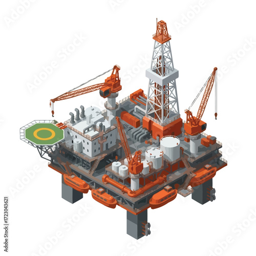 Isometric vector illustration of an offshore oil drilling rig platform, a concept for industrial energy extraction and exploration