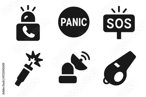 Emergency icons collection: phone, panic, sos, flare, satellite, whistle symbols