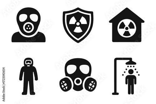 Radiation safety icons: gas masks, hazard symbols, protective gear, decontamination