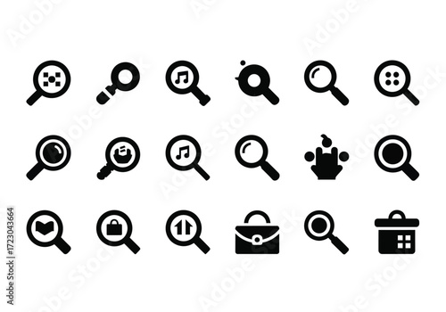 Collection of various magnifying glass and search icons, including music notes, shopping bags, and document icons, isolated on a