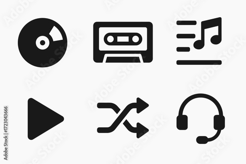 Music icons set: cd, cassette, playlist, play, shuffle, headphones