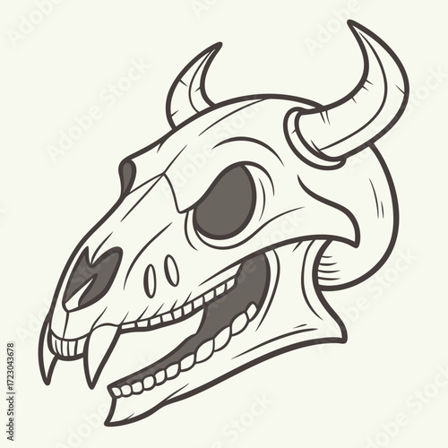 Detailed Illustration of a Bovine Skull with Curved Horns and Teeth
