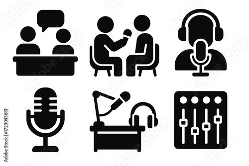 Podcast and broadcasting icons: microphone, interview, and sound mixer symbols