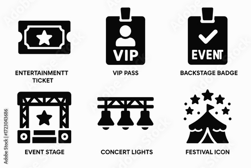 Concert and festival icons: ticket, vip pass, stage, lights, and tent symbols