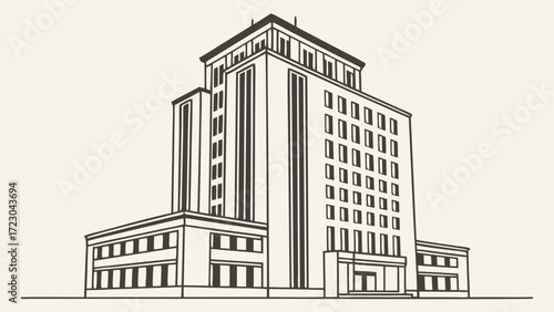 Detailed Line Art Illustration of a MultiStory Art Deco Building