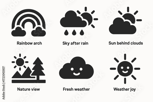 Weather icons collection featuring rainbow, clouds, sun, nature, and weather expressions