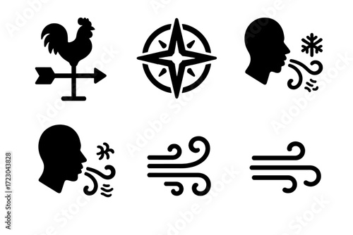 Weather symbols: wind directions and forecast icons in simple black silhouettes