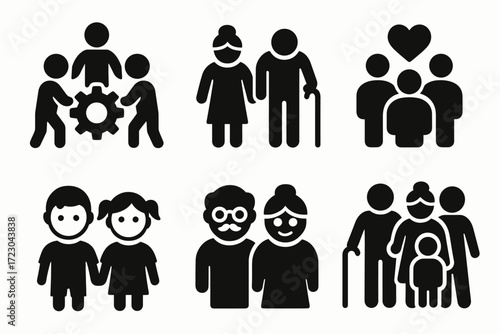 Simple black silhouette icons depicting family, elderly, and group interactions